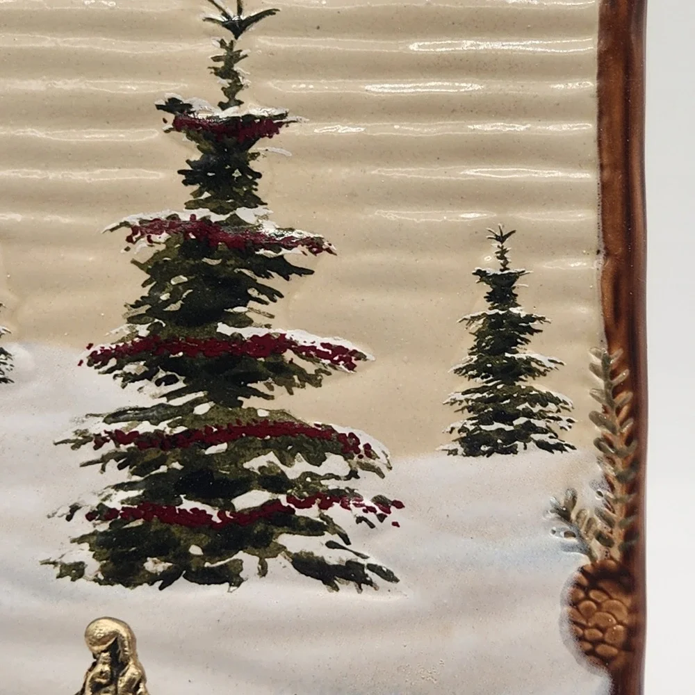 St Nicholas Sq Snow Valley Ceramic Pine Tree Wall Tile Trivet Cottagecore Disc